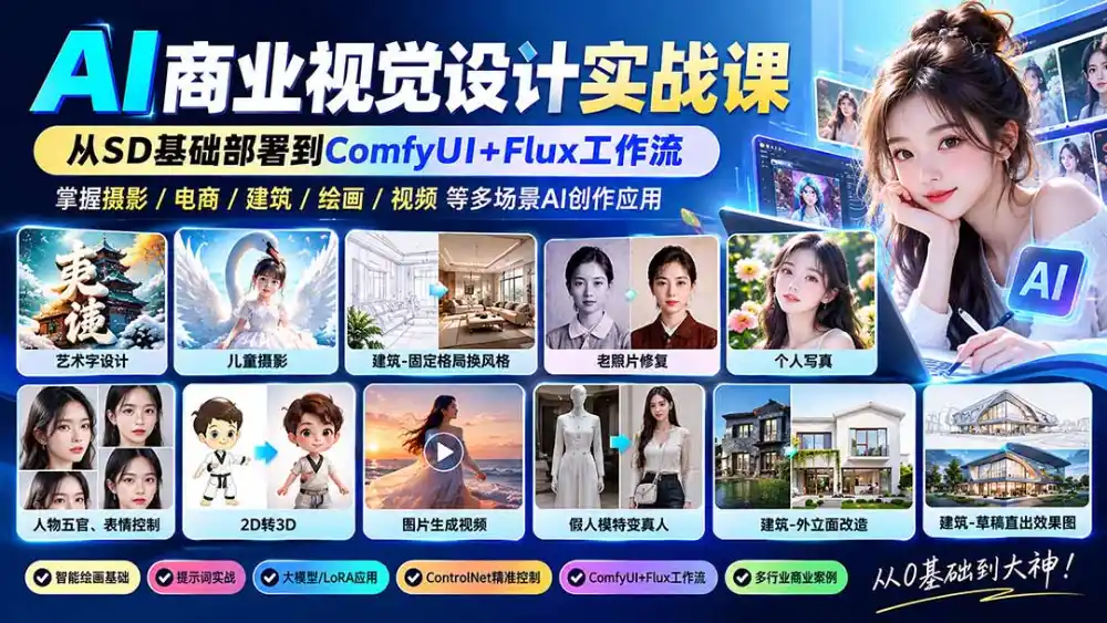 【无水印】AI商业视觉设计实战课：从SD基础部署到ComfyUI+Flux工作流，掌握摄影电商建筑AI创作-百盟网