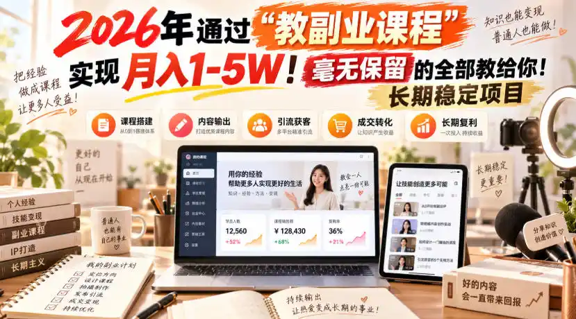 2026年通过“教副业课程”实现月入1-5W!毫无保留的全部教给你!长期稳定项目-百盟网