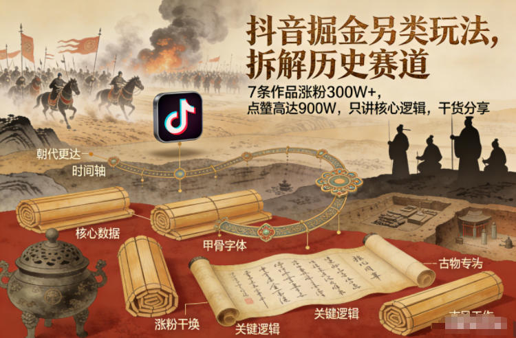 抖音掘金另类玩法，拆解历史赛道，7条作品涨粉300W+，点赞量高达900W，只讲核心逻辑，干货分享-百盟网