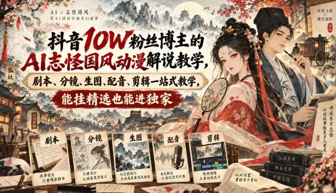 抖音10W粉丝博主满堂诡事的AI志怪国风动漫解说教学，剧本、分镜、生图、配音、剪辑一站式教学，能挂精选也能进独家-百盟网