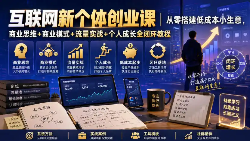 互联网新个体创业课｜从零搭建低成本小生意，商业思维+商业模式+流量实战+个人成长全闭环教程(更新0922)-百盟网