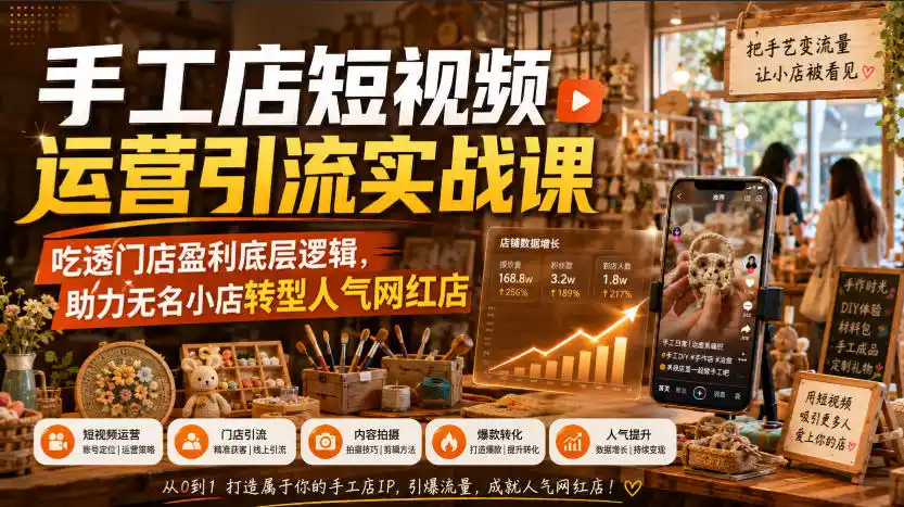 手工店短视频运营引流实战课，吃透门店盈利底层逻辑，助力无名小店转型人气网红店-百盟网