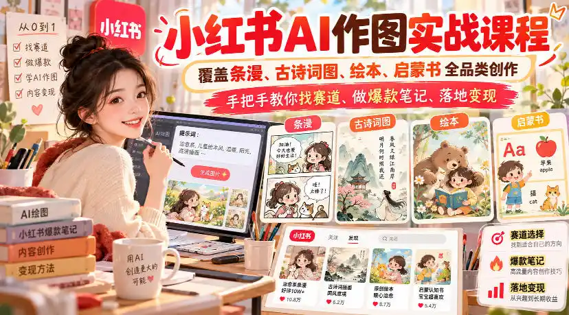 小红书AI作图实战课程，覆盖条漫、古诗词图、绘本、启蒙书全品类创作，手把手教你找赛道、做爆款笔记、落地变现(更新1017)-百盟网