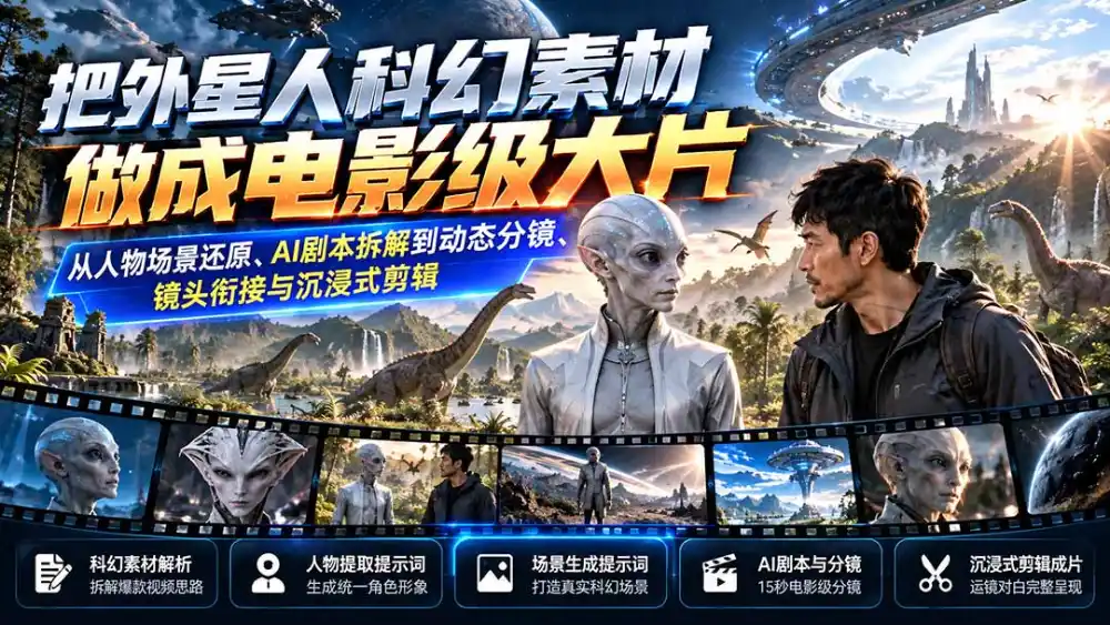 把外星人科幻素材做成电影级大片：从人物场景还原、AI剧本拆解到动态分镜、镜头衔接与沉浸式剪辑-百盟网