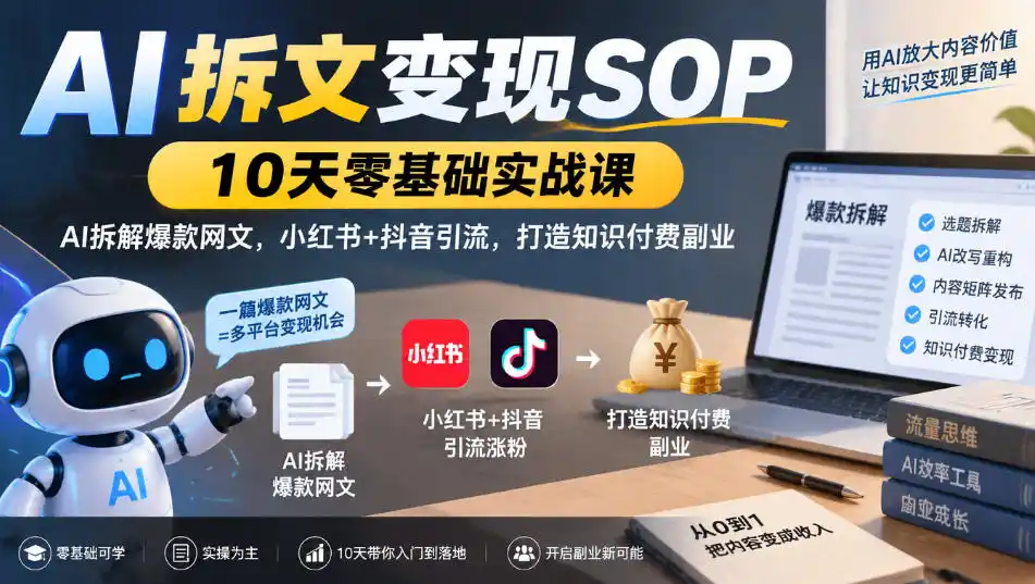 AI拆文变现SOP｜10天零基础实战课，AI拆解爆款网文，小红书+抖音引流，打造知识付费副业-百盟网