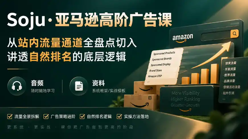 亚马逊高阶广告课，从站内流量通道全盘点切入，讲透自然排名的底层逻辑(直播+音频+资料)-百盟网