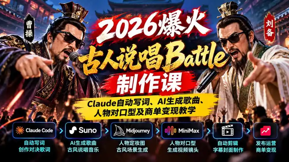 2026爆火古人说唱Battle制作课：Claude自动写词、AI生成歌曲、人物对口型及商单变现教学