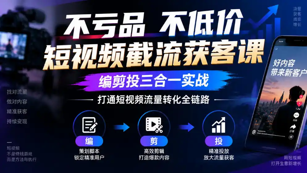 不亏品不低价短视频截流获客课，编剪投三合一实战，打通短视频流量转化全链路-百盟网