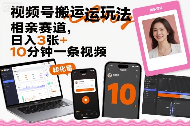 视频号搬运玩法，相亲赛道，日入3张+，10分钟一条视频-百盟网