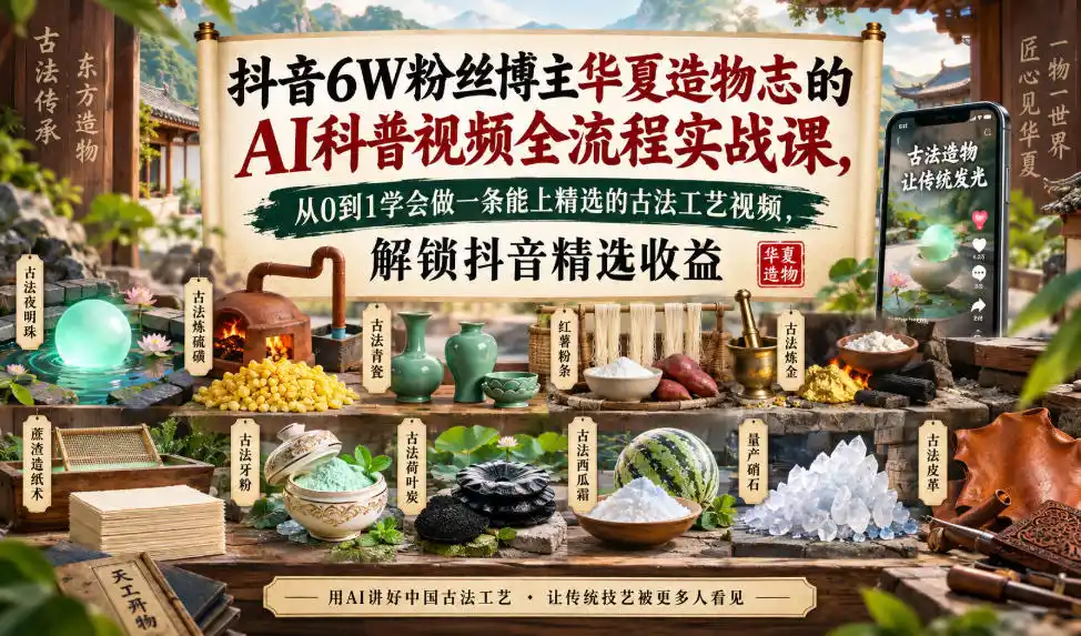 抖音6W粉丝博主华夏造物志的AI科普视频全流程实战课，从0到1学会做一条能上精选的古法工艺视频，解锁抖音精选收益-百盟网