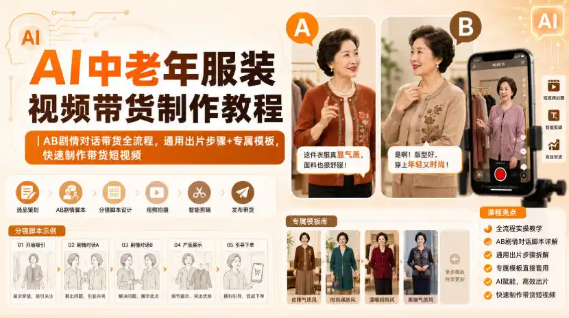 AI中老年服装视频带货制作教程｜AB剧情对话带货全流程，通用出片步骤+专属模板，快速制作带货短视频-百盟网