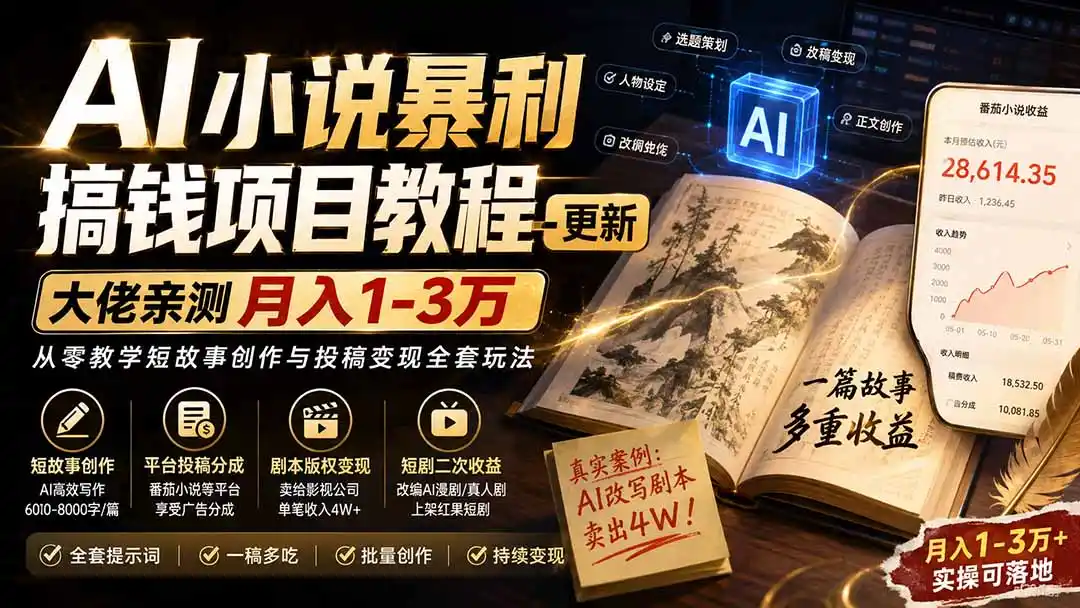 AI小说短故事暴利搞钱项目教程-更新，大佬亲测月入1-3万，从零教学短故事创作与投稿变现全套玩法-百盟网