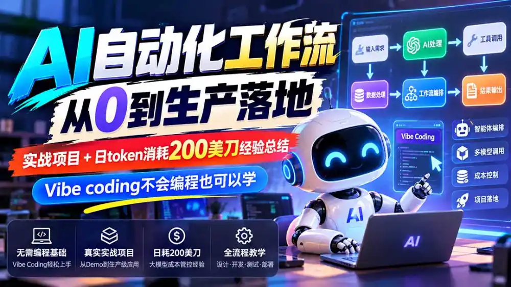 【无水印】AI自动化工作流从0到生产落地，实战项目+日token消耗200美刀经验总结，Vibe coding不会编程也可以学