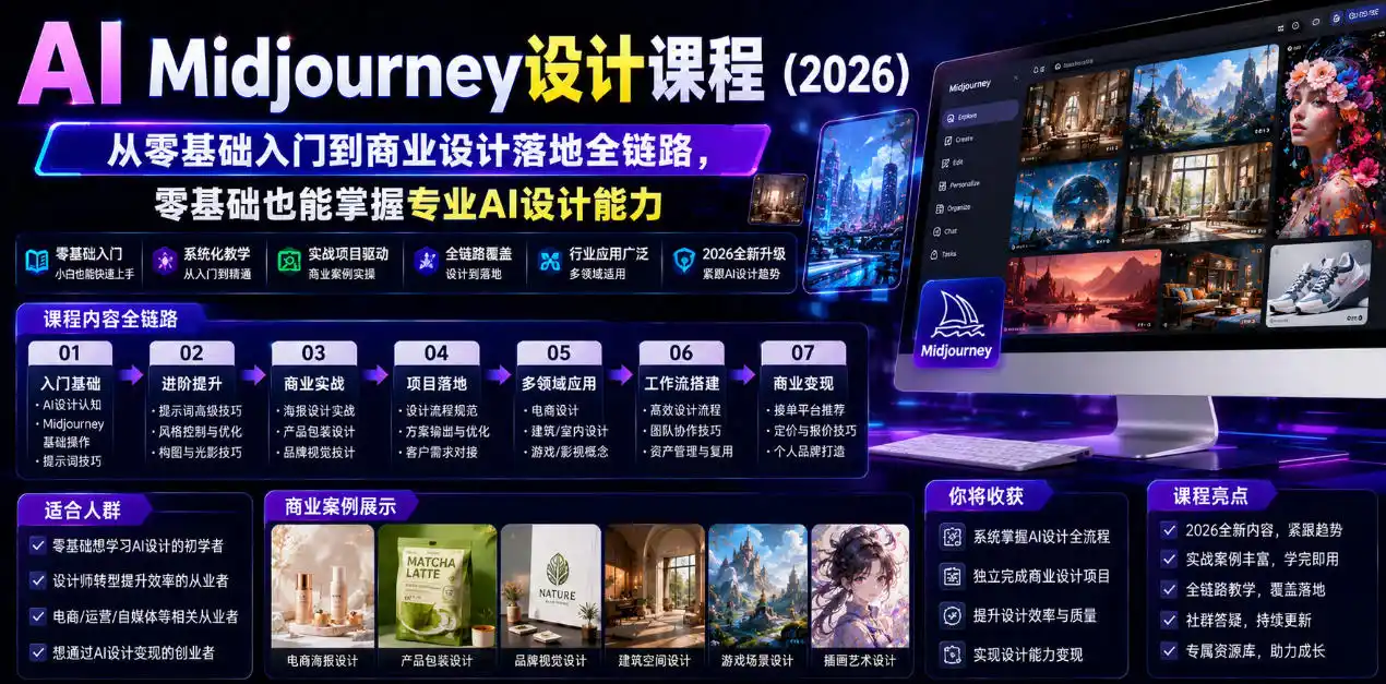 AI Midjourney设计课程(2026)，从零基础入门到商业设计落地全链路，零基础也能掌握专业AI设计能力(更新1007)-百盟网