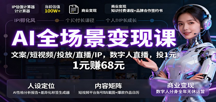 AI全场景变现课：文案/短视频/投放/直播/IP，数字人直播，投1元赚68元-百盟网