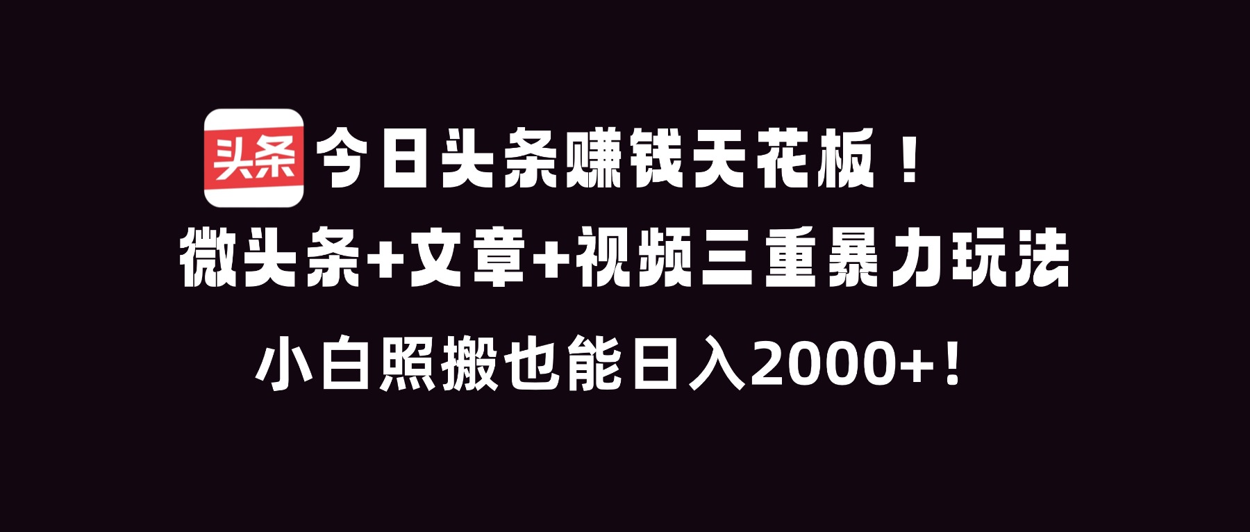 今日头条赚钱天花板！微头条+文章+视频三重暴利玩法，小白照搬也能日人2000+-百盟网