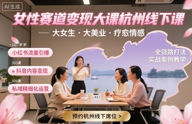 女性赛道变现大课杭州线下，大女生，大美业，疗愈情感，一套小红书、抖音、私域全链路打法-百盟网