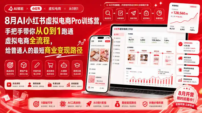 8月AI小红书虚拟电商Pro训练营，手把手带你从0到1跑通虚拟电商全流程，给普通人的最短商业变现路径(更新0910)-百盟网