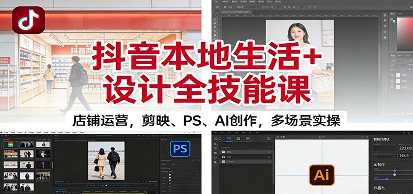 抖音本地生活+设计全技能课：店铺运营，剪映、PS、AI创作，多场景实操-百盟网