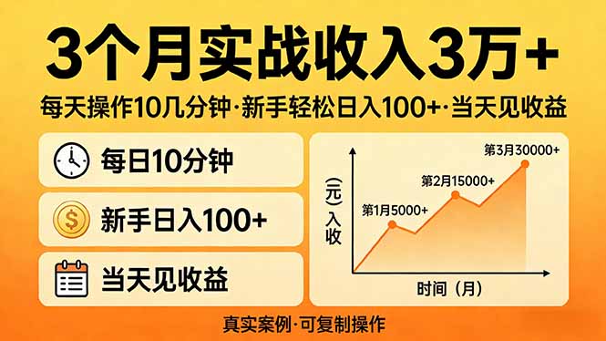 3个月实战收入3万+，每天操作10几分钟，新手轻松日入100+，当天见收益-百盟网