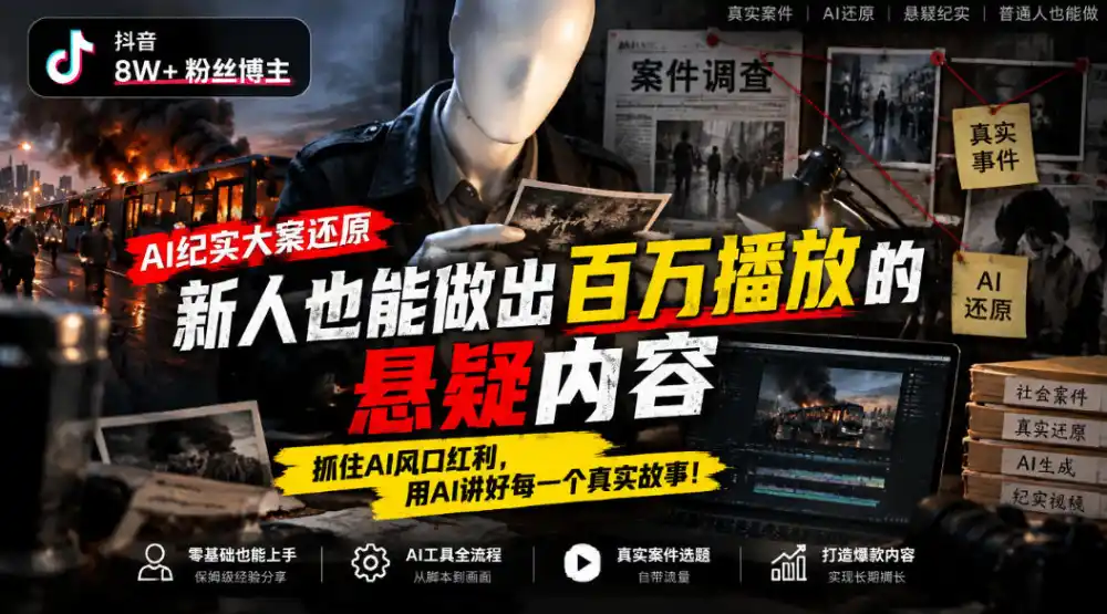 抖音8W粉丝博主的AI纪实大案还原教学，新人也能做出百W播放的悬疑内容，抓住AI风口红利，用AI讲好每一个真实故事-百盟网