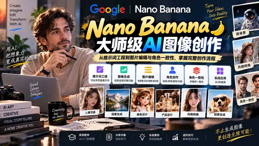 【无水印】Nano Banana大师级AI图像实战课：从提示词工程到图片编辑与角色一致性，掌握完整创作流程-百盟网