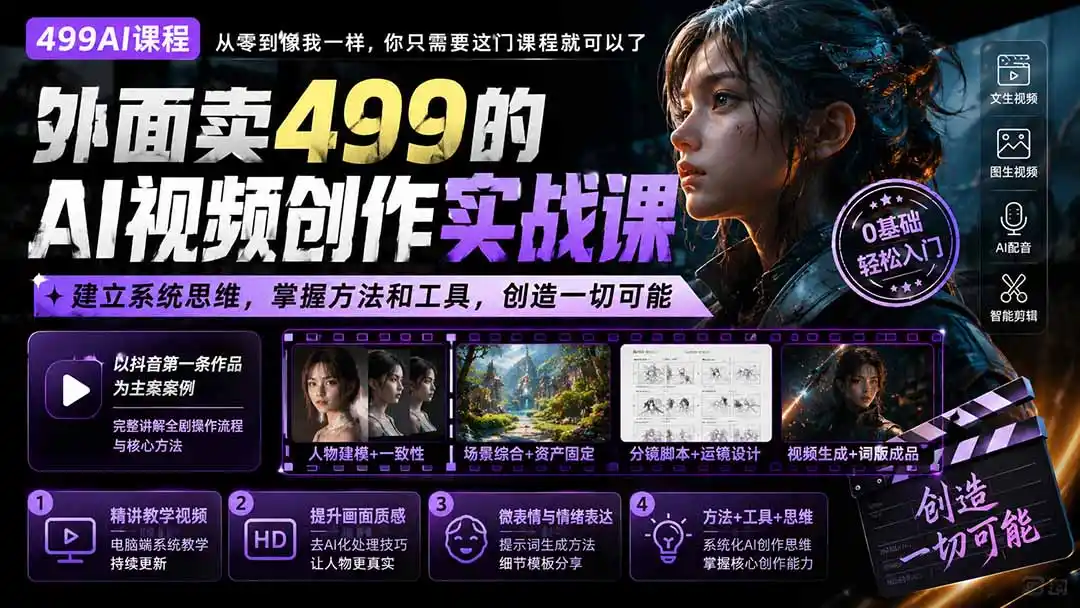外面卖499的AI视频创作实战课：建立系统思维，掌握方法和工具，创造一切可能。-百盟网