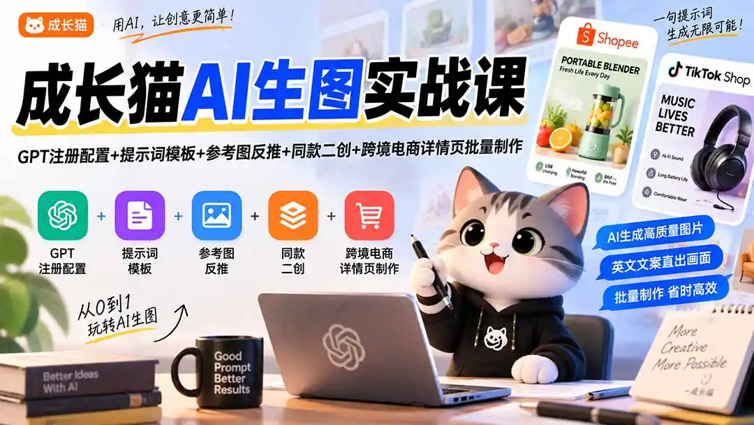 成长猫AI生图实战课｜GPT注册配置+提示词模板+参考图反推+同款二创+跨境电商详情页批量制作-百盟网