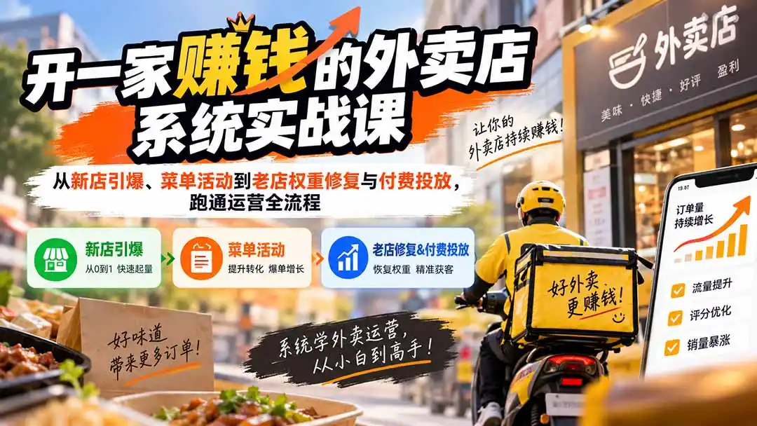 开一家赚钱的外卖店系统实战课：从新店引爆、菜单活动到老店权重修复与付费投放，跑通运营全流程-百盟网