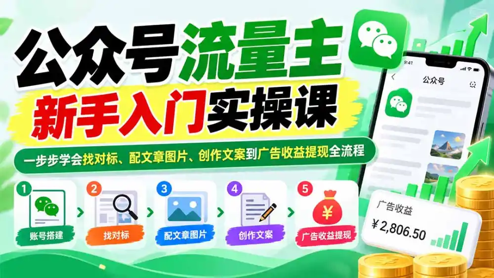 公众号流量主新手入门实操课：一步步学会找对标、配文章图片、创作文案到广告收益提现全流程-百盟网