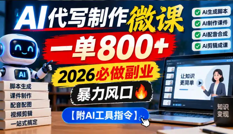 AI代写制作微课,一单800+,2026必做副业,暴力风口【附AI工具指令】【揭秘】-百盟网