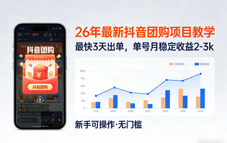 26年最新抖音团购项目教学，0门槛，最快3天出单，单号月稳定收益2-3k-百盟网