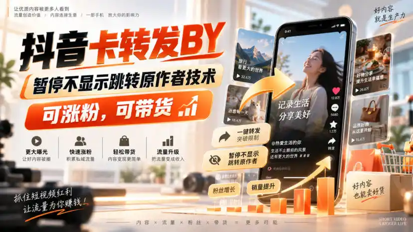 抖音卡转发搬运，暂停不显示跳转原作者技术，可涨粉，可带货-百盟网