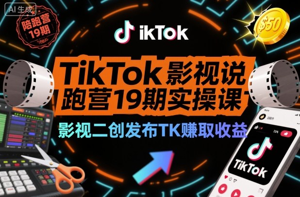 TikTok影视解说陪跑营19期实操课，影视二创发布TK賺取收益，万播收益50美金-百盟网