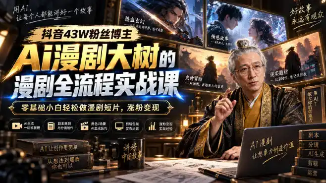 抖音43W粉丝博主Ai漫剧大树的漫剧制作全流程实战课，零基础小白轻松做漫剧短片，涨粉变现-百盟网