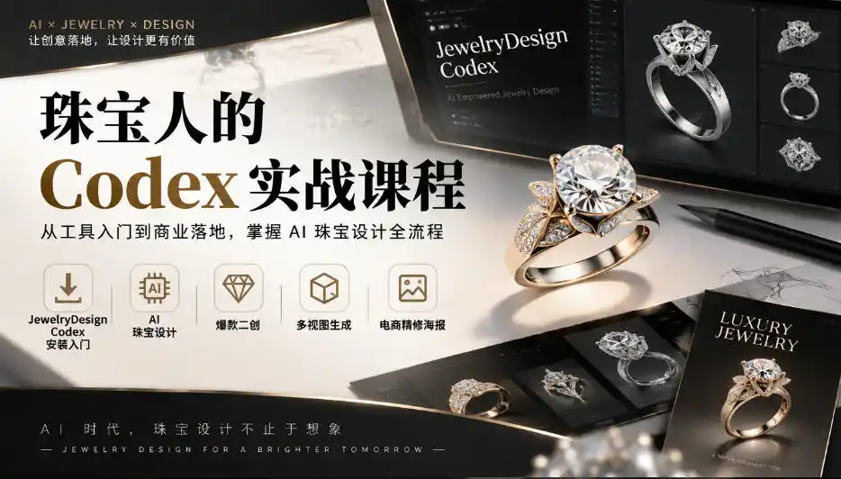 珠宝人的Codex实战课程｜JewelryDesign Codex安装入门、AI珠宝设计、爆款二创、多视图生成、电商精修海报全链路教学-百盟网