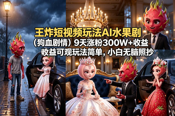 王炸短视频玩法AI水果剧(狗血剧情)9天涨粉300W+收益可观玩法简单，小白无脑照抄，详细拆解玩法-百盟网