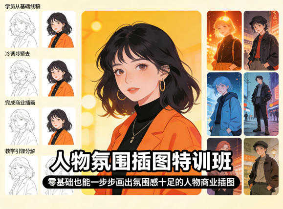 人物氛围插图特训班，零基础也能一步步画出氛围感十足的人物商业插图-百盟网