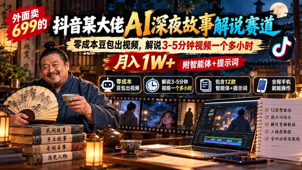 外面卖699抖音某大佬AI深夜故事解说赛道-更新：0成本豆包出视频+解说3-5分钟视频一个多小时，月入1W+附智能体+提示词-百盟网