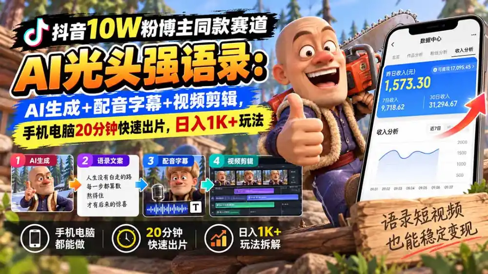 【无水印】抖音10W粉博主同款赛道AI光头强语录：AI生成+配音字幕+视频剪辑，手机电脑20分钟快速出片，日入1K+玩法-百盟网