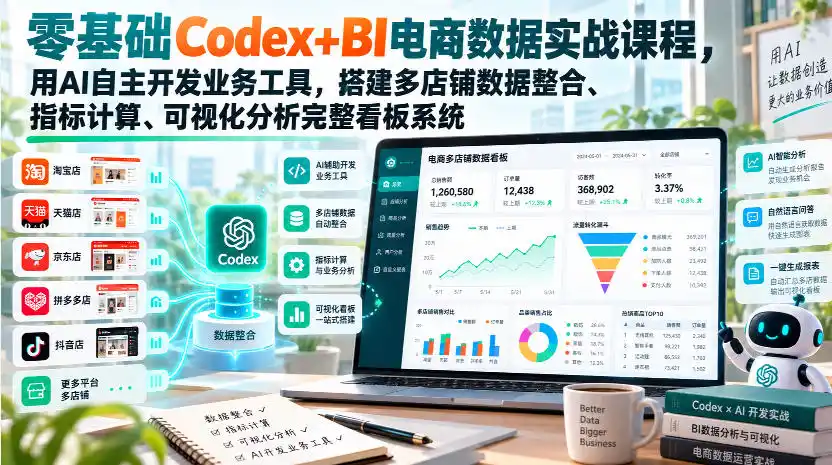 零基础Codex+BI电商数据实战课程，用AI自主开发业务工具，搭建多店铺数据整合、指标计算、可视化分析完整看板系统-百盟网