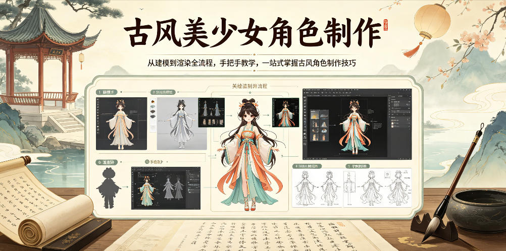 古风美少女角色制作，从建模到渲染全流程，手把手教学，一站式掌握古风角色制作技巧-百盟网