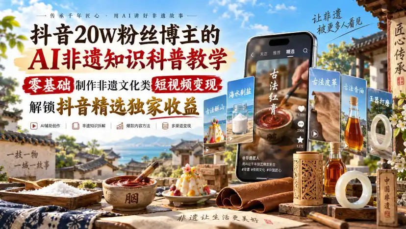 抖音20W粉丝博主的AI非遗知识科普教学,零基础制作非遗文化类短视频变现,解锁抖音精选独家收益-百盟网