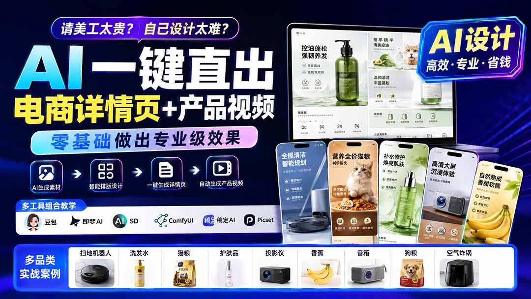 请美工太贵？自己设计太难？AI一键直出电商详情页+产品视频，零基础做出专业级效果 (更新0820-百盟网