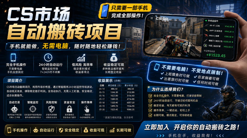 手机即可操作的CS市场自动搬砖系统｜自动监控｜自动下单|日入300+【揭秘】-百盟网