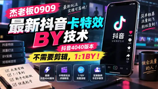 杰老板0909最新抖音卡特效搬运技术，抖音4040版本，不需要剪辑，1:1搬运！-百盟网