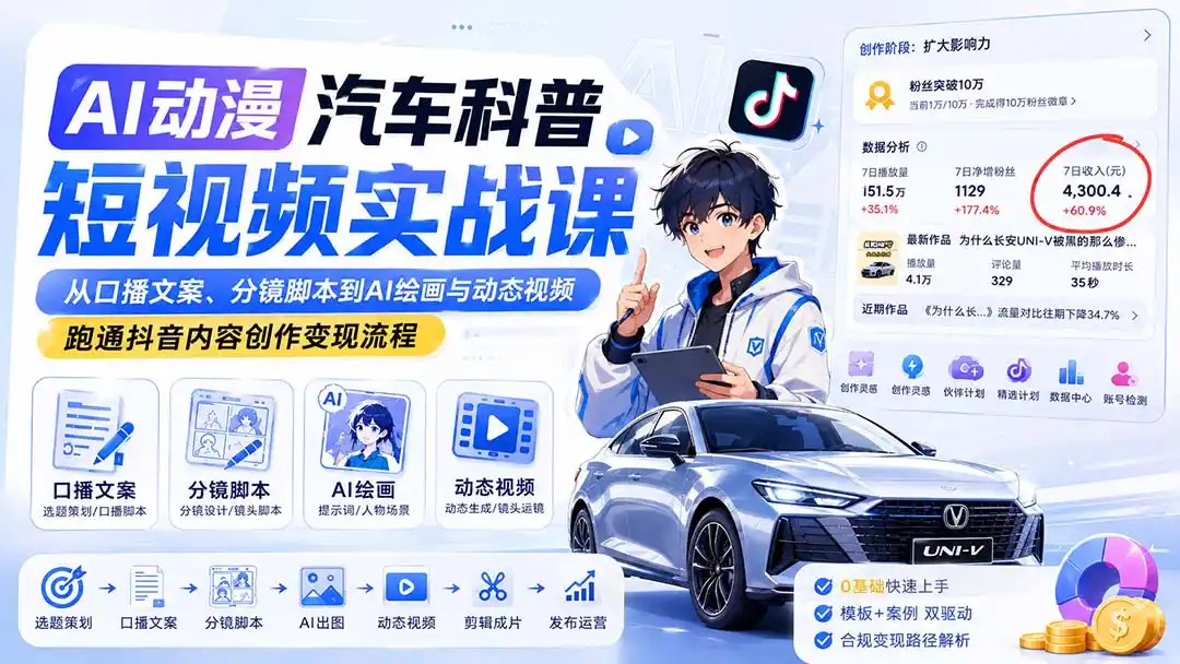 AI动漫汽车科普短视频实战课：从口播文案、分镜脚本到AI绘画与动态视频，跑通抖音内容创作变现流程-百盟网