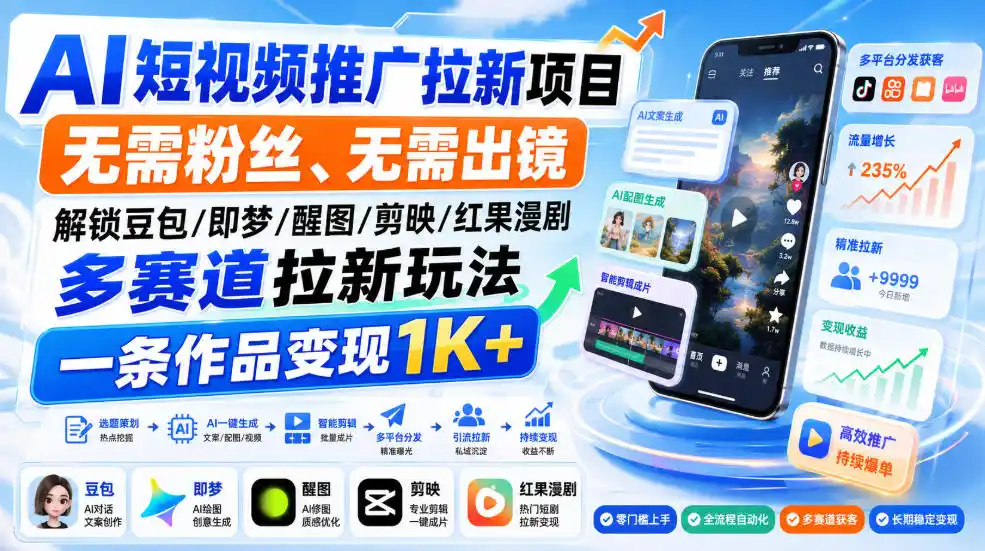AI短视频推广拉新项目，无需粉丝、无需出镜，解锁豆包/即梦/醒图/剪映/红果漫剧多赛道拉新玩法，一条作品变现1K+(更新0918)-百盟网