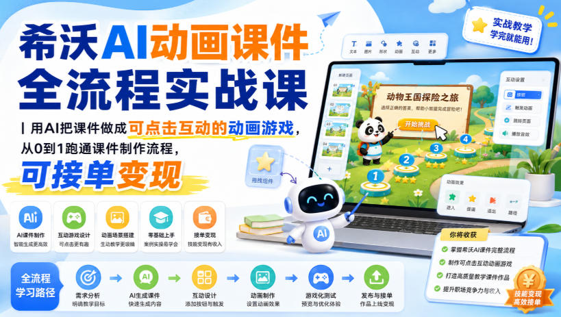 希沃AI动画课件全流程实战课｜用AI把课件做成可点击互动的动画游戏，从0到1跑通课件制作流程，可接单变现-百盟网