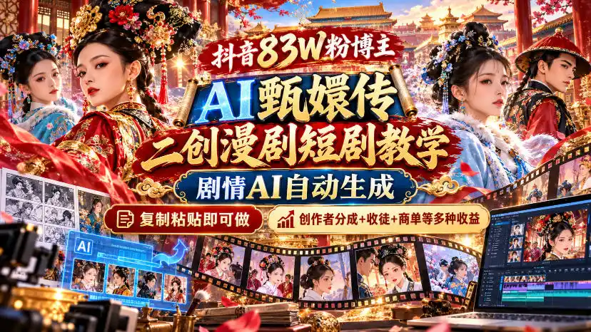 抖音83W粉博主AI甄嬛传二创漫剧短剧教学｜剧情AI自动生成，复制粘贴即可做，各大平台创作者分成+收徒等多种收益-百盟网